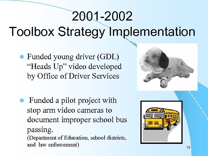 2001 -2002 Toolbox Strategy Implementation l Funded young driver (GDL) “Heads Up” video developed