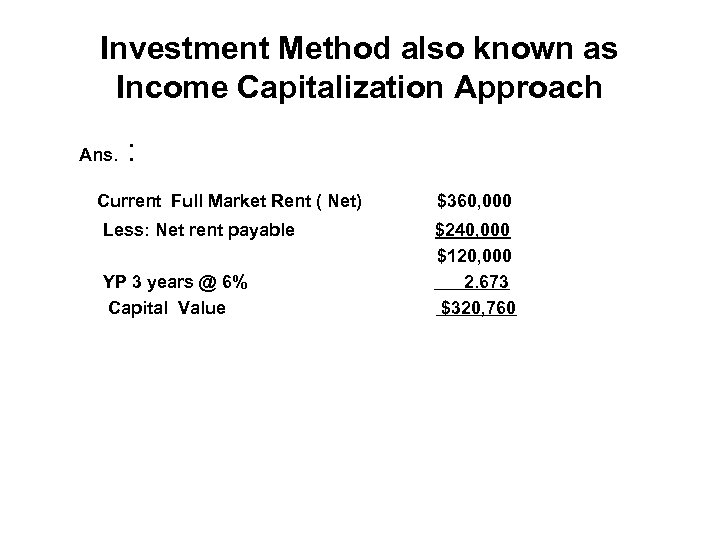Investment Method also known as Income Capitalization Approach Ans. : Current Full Market Rent