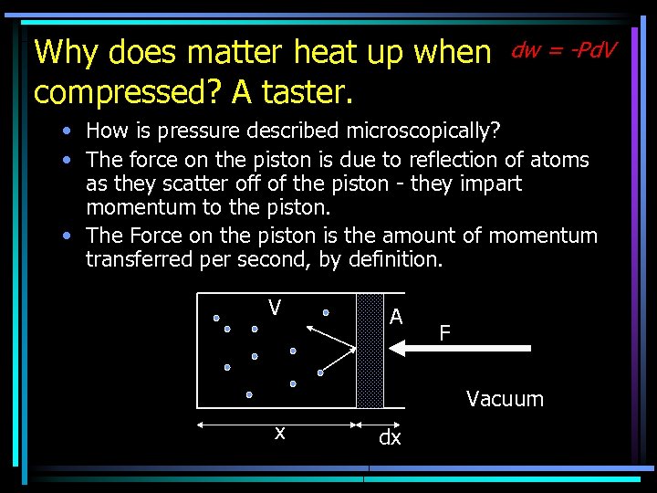 Why does matter heat up when compressed? A taster. dw = -Pd. V •