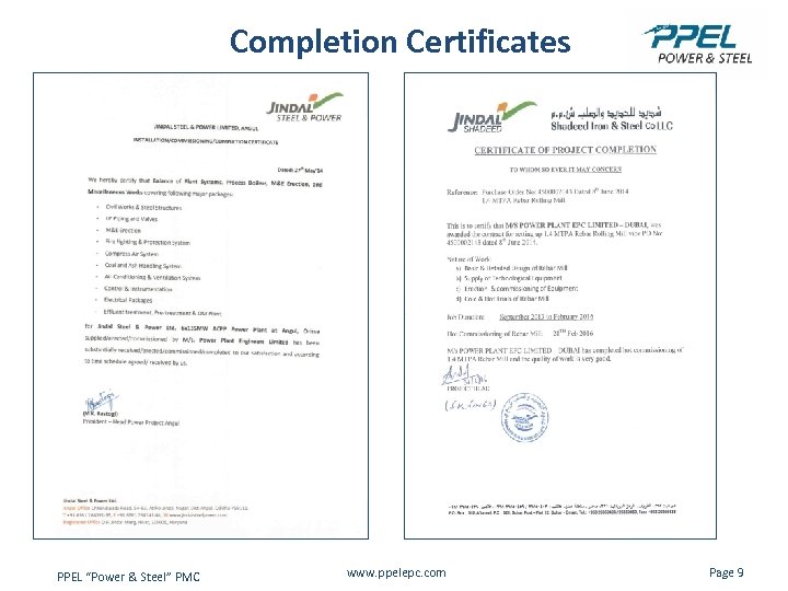 Completion Certificates PPEL “Power & Steel” PMC www. ppelepc. com Page 9 