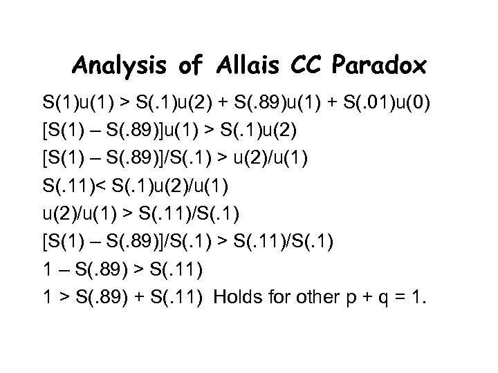 Analysis of Allais CC Paradox S(1)u(1) > S(. 1)u(2) + S(. 89)u(1) + S(.