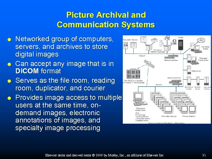 Picture Archival and Communication Systems Networked group of computers, servers, and archives to store