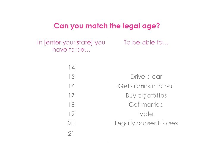 Can you match the legal age? In [enter your state] you have to be…