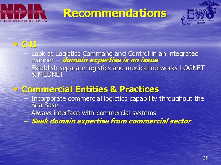 Recommendations • C 4 I – Look at Logistics Command Control in an integrated