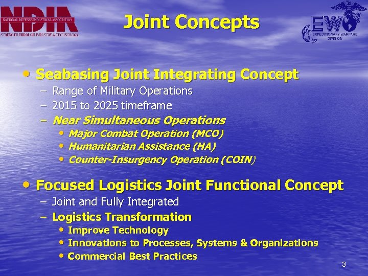 Joint Concepts • Seabasing Joint Integrating Concept – Range of Military Operations – 2015