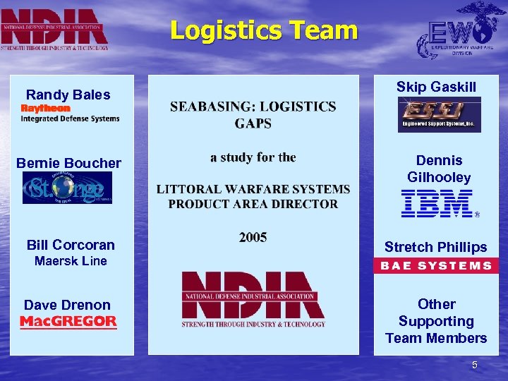 Logistics Team Randy Bales Skip Gaskill Bernie Boucher Dennis Gilhooley Bill Corcoran Stretch Phillips