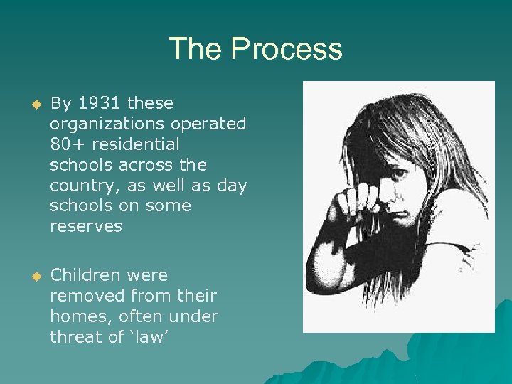 The Process u By 1931 these organizations operated 80+ residential schools across the country,