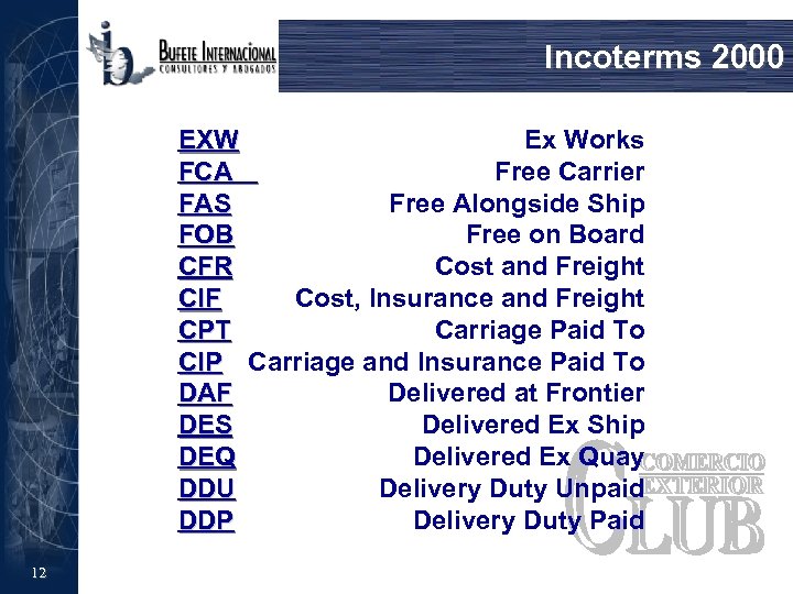 Incoterms 2000 EXW Ex Works FCA Free Carrier FAS Free Alongside Ship FOB Free