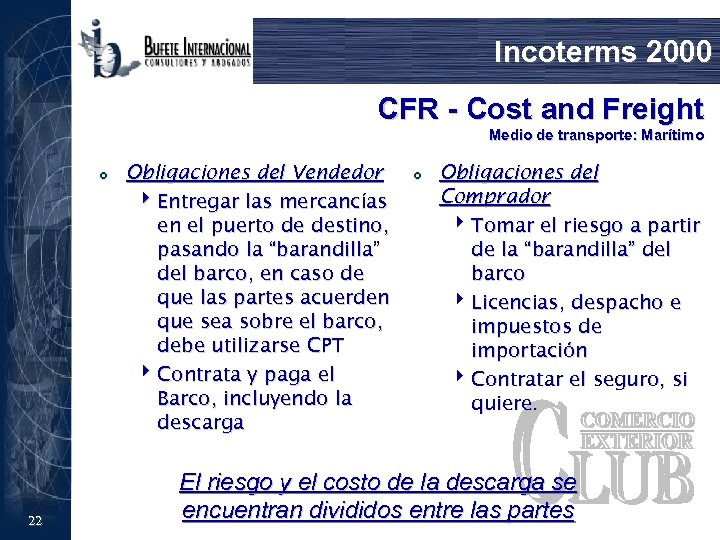 Incoterms 2000 CFR - Cost and Freight Medio de transporte: Marítimo £ 22 Obligaciones