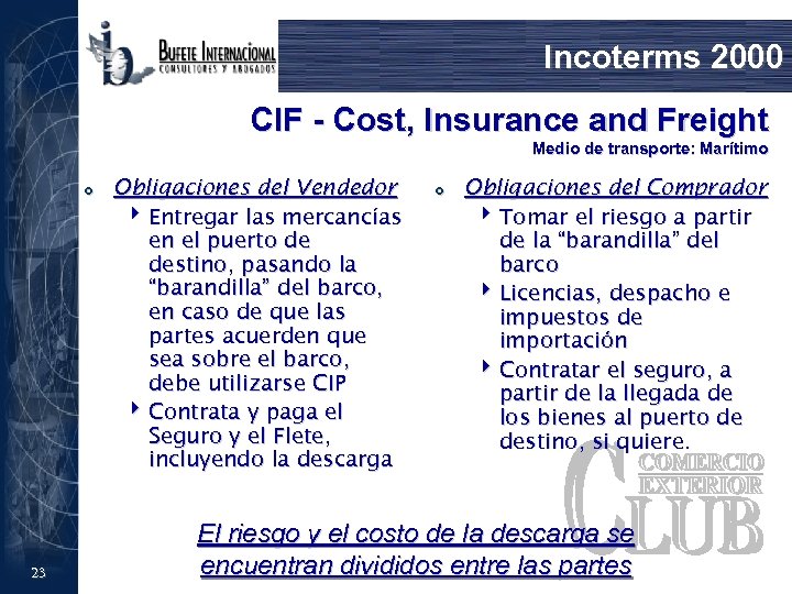 Incoterms 2000 CIF - Cost, Insurance and Freight Medio de transporte: Marítimo £ 23