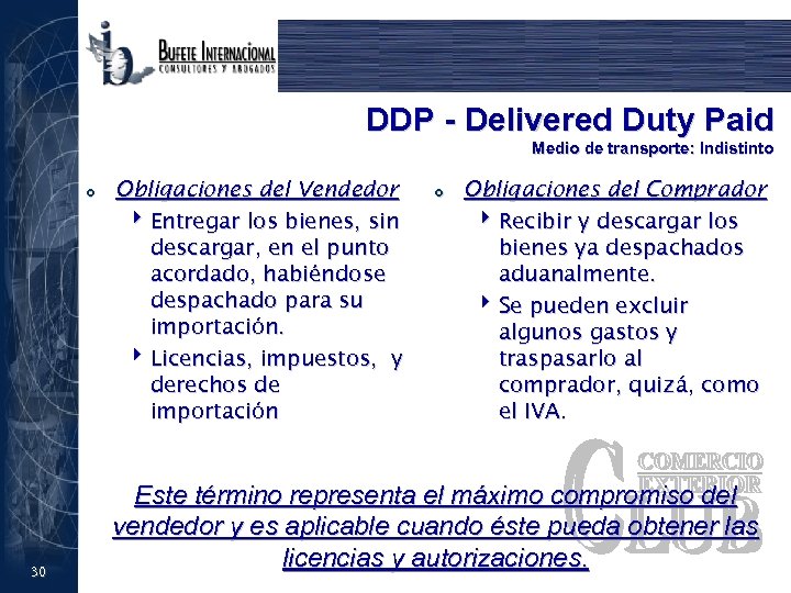 DDP - Delivered Duty Paid Medio de transporte: Indistinto £ 30 Obligaciones del Vendedor
