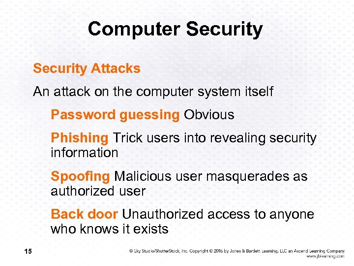 Computer Security Attacks An attack on the computer system itself Password guessing Obvious Phishing