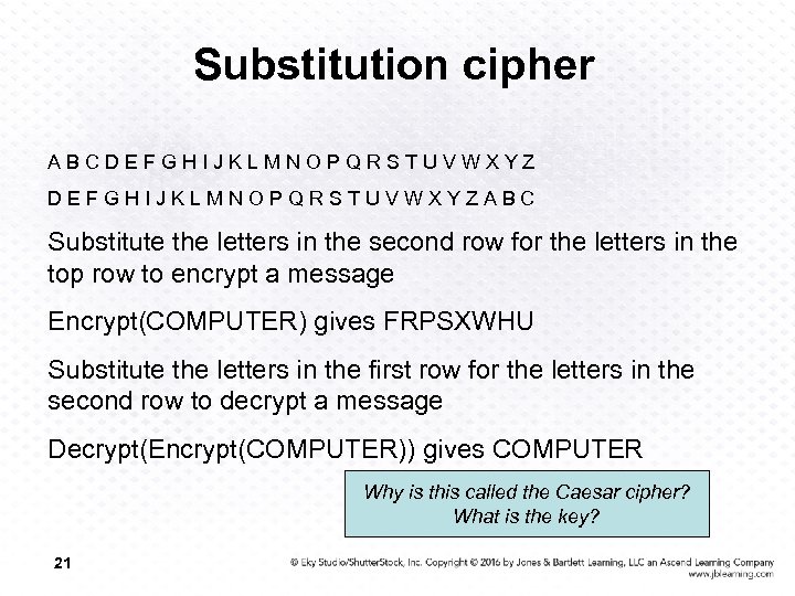 Substitution cipher ABCDEFGHIJKLMNOPQRSTUVWXYZABC Substitute the letters in the second row for the letters in