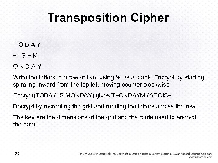 Transposition Cipher TODAY +IS+M ONDAY Write the letters in a row of five, using