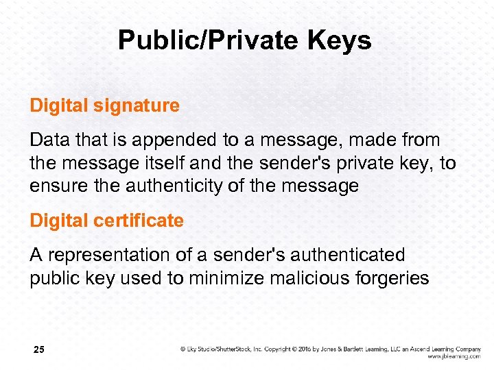 Public/Private Keys Digital signature Data that is appended to a message, made from the