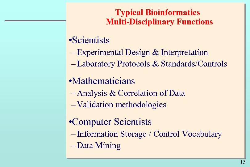 Typical Bioinformatics Multi-Disciplinary Functions • Scientists – Experimental Design & Interpretation – Laboratory Protocols