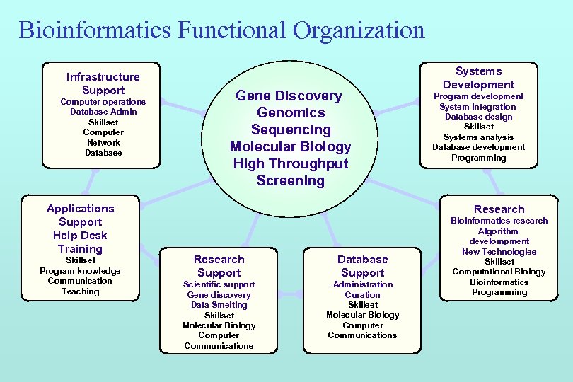 Bioinformatics Functional Organization Infrastructure Support Computer operations Database Admin Skillset Computer Network Database Applications