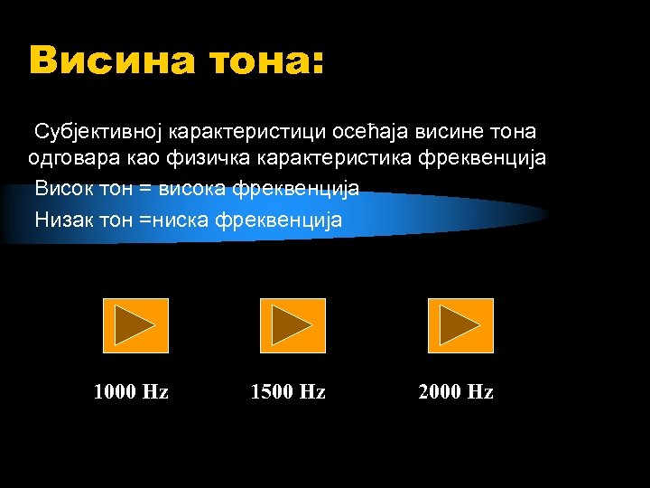 Висина тона: Субјективној карактеристици осећаја висине тона одговара као физичка карактеристика фреквенција Висок тон