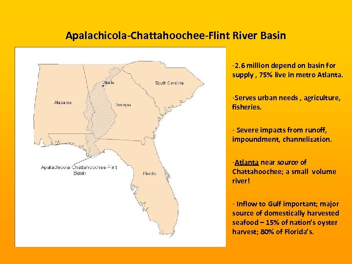 Apalachicola-Chattahoochee-Flint River Basin -2. 6 million depend on basin for supply , 75% live