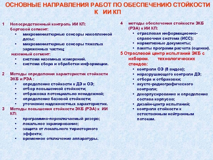 ОСНОВНЫЕ НАПРАВЛЕНИЯ РАБОТ ПО ОБЕСПЕЧЕНИЮ СТОЙКОСТИ К ИИ КП 1 Непосредственный контроль ИИ КП: