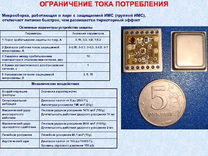 ОГРАНИЧЕНИЕ ТОКА ПОТРЕБЛЕНИЯ Микросборка, работающая в паре с защищаемой ИМС (группой ИМС), отключает питание
