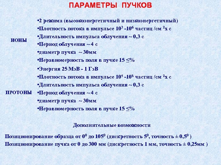 ПАРАМЕТРЫ ПУЧКОВ ИОНЫ • 2 режима (высокоэнергетичный и низкоэнергетичный) • Плотность потока в импульсе