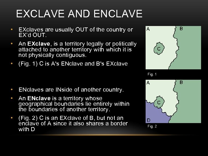EXCLAVE AND ENCLAVE • EXclaves are usually OUT of the country or EX’d OUT.