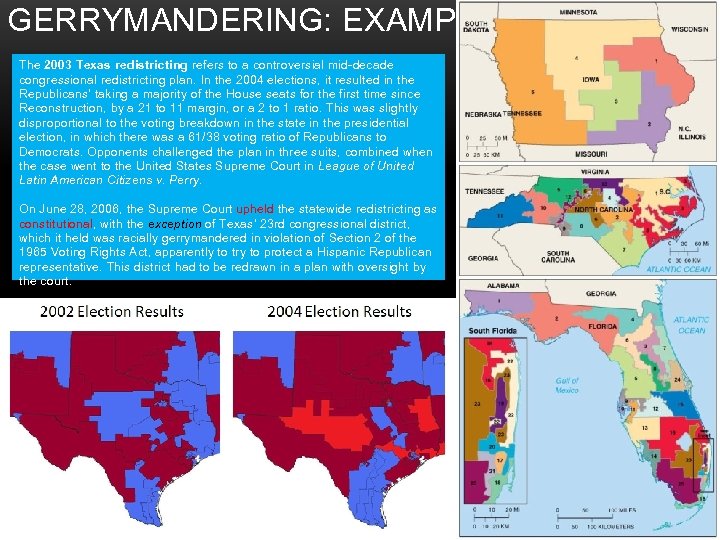 GERRYMANDERING: EXAMPLES The 2003 Texas redistricting refers to a controversial mid-decade congressional redistricting plan.