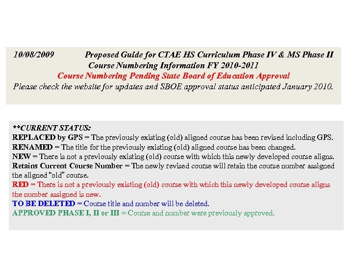 10/08/2009 Proposed Guide for CTAE HS Curriculum Phase IV & MS Phase II Course