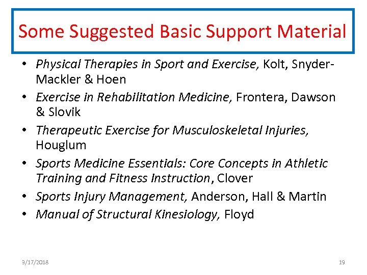 Some Suggested Basic Support Material • Physical Therapies in Sport and Exercise, Kolt, Snyder.