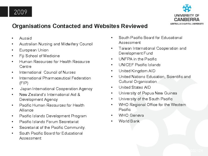 Organisations Contacted and Websites Reviewed • • • • Ausaid Australian Nursing and Midwifery