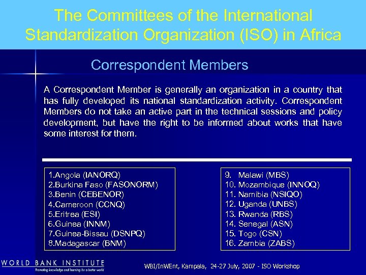 The Committees of the International Standardization Organization (ISO) in Africa Correspondent Members A Correspondent