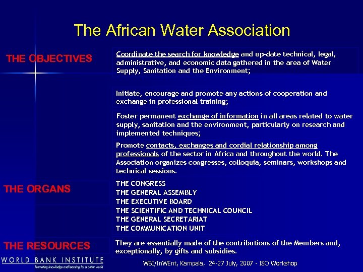 The African Water Association THE OBJECTIVES Coordinate the search for knowledge and up-date technical,