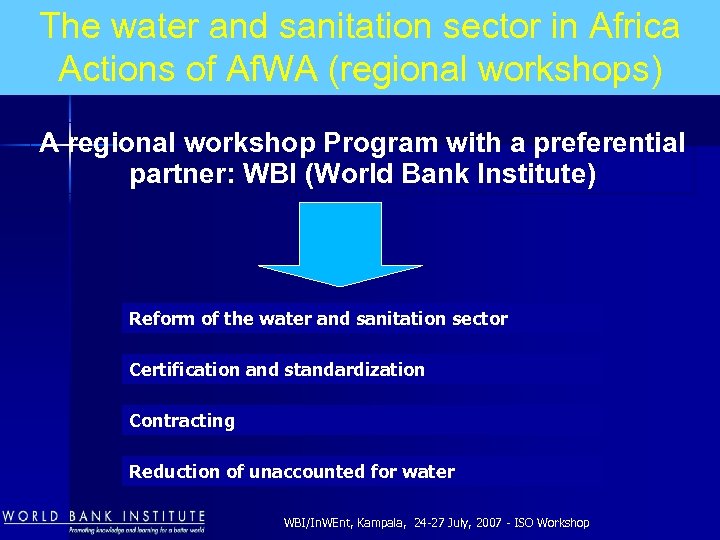 The water and sanitation sector in Africa Actions of Af. WA (regional workshops) A