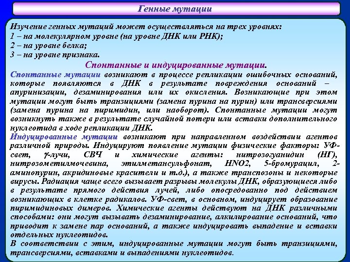 Генные мутации Изучение генных мутаций может осуществляться на трех уровнях: 1 – на молекулярном