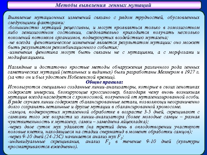 Методы выявления генных мутаций Выявление мутационных изменений связано с рядом трудностей, обусловленных следующими факторами: