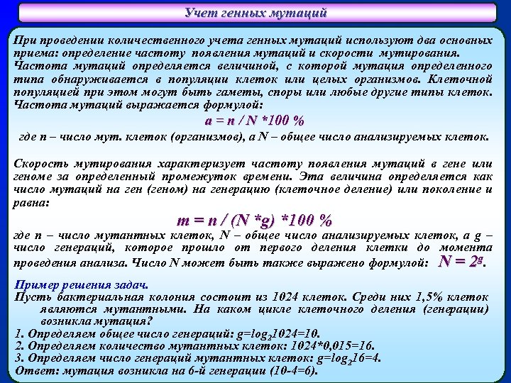 Учет генных мутаций При проведении количественного учета генных мутаций используют два основных приема: определение