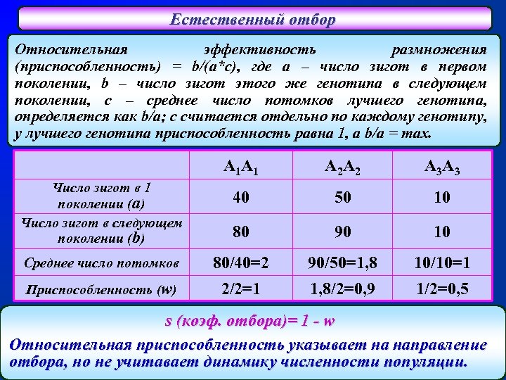 Естественный отбор Относительная эффективность размножения (приспособленность) = b/(a*c), где a – число зигот в