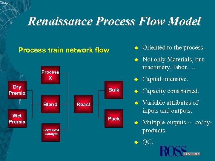 Renaissance Process Flow Model u Oriented to the process. u Not only Materials, but