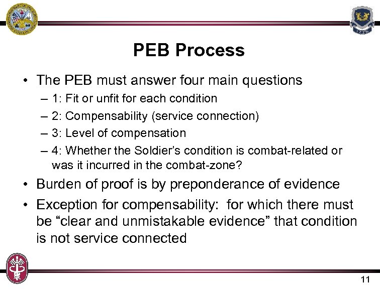 PEB Process • The PEB must answer four main questions – – 1: Fit