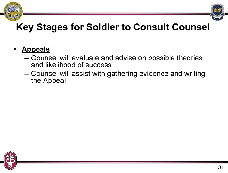 Key Stages for Soldier to Consult Counsel • Appeals – Counsel will evaluate and