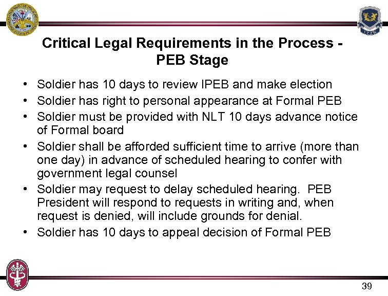 Critical Legal Requirements in the Process - PEB Stage • Soldier has 10 days