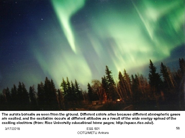 The aurora borealis as seen from the ground. Different colors arise because different atmospheric