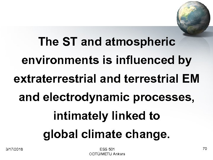 The ST and atmospheric environments is influenced by extraterrestrial and terrestrial EM and electrodynamic