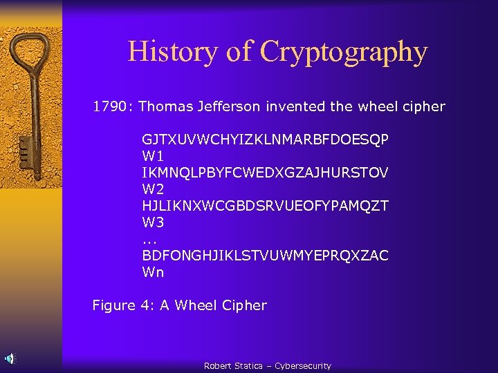 History of Cryptography 1790: Thomas Jefferson invented the wheel cipher GJTXUVWCHYIZKLNMARBFDOESQP W 1 IKMNQLPBYFCWEDXGZAJHURSTOV