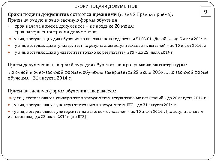 СРОКИ ПОДАЧИ ДОКУМЕНТОВ Сроки подачи документов остаются прежними (глава 3 Правил приема): Прием на