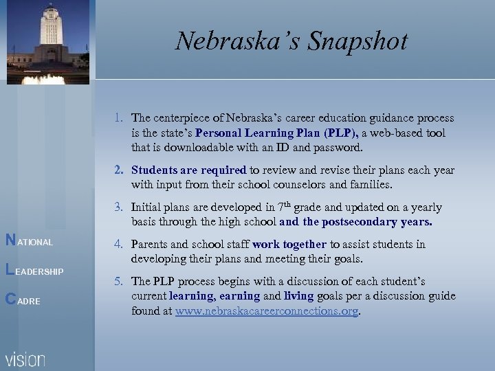Nebraska’s Snapshot 1. The centerpiece of Nebraska’s career education guidance process is the state’s