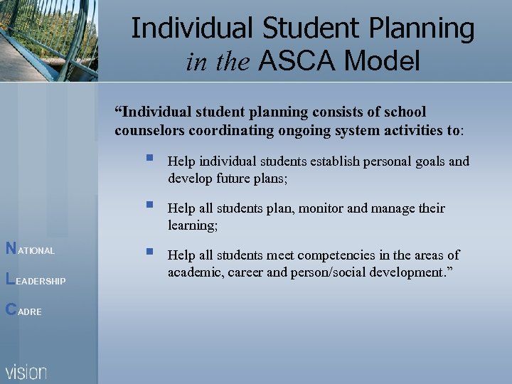 Individual Student Planning in the ASCA Model “Individual student planning consists of school counselors
