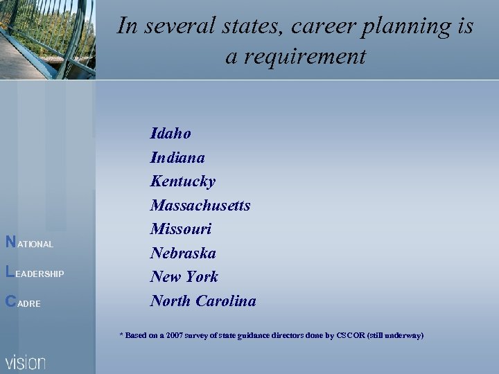In several states, career planning is a requirement NATIONAL LEADERSHIP CADRE Idaho Indiana Kentucky