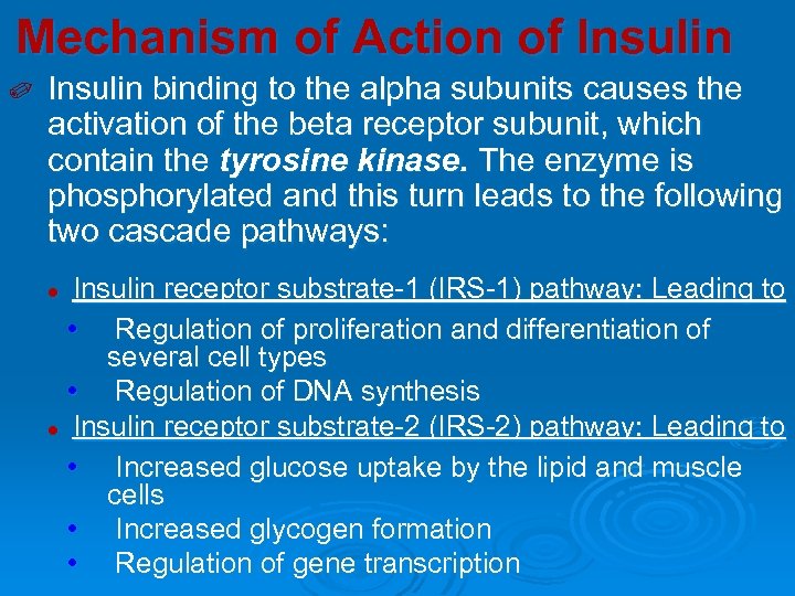 Mechanism of Action of Insulin ✐ Insulin binding to the alpha subunits causes the